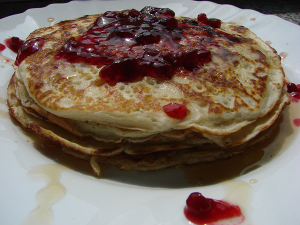 5-Coconut pancakes with raspberry reduction